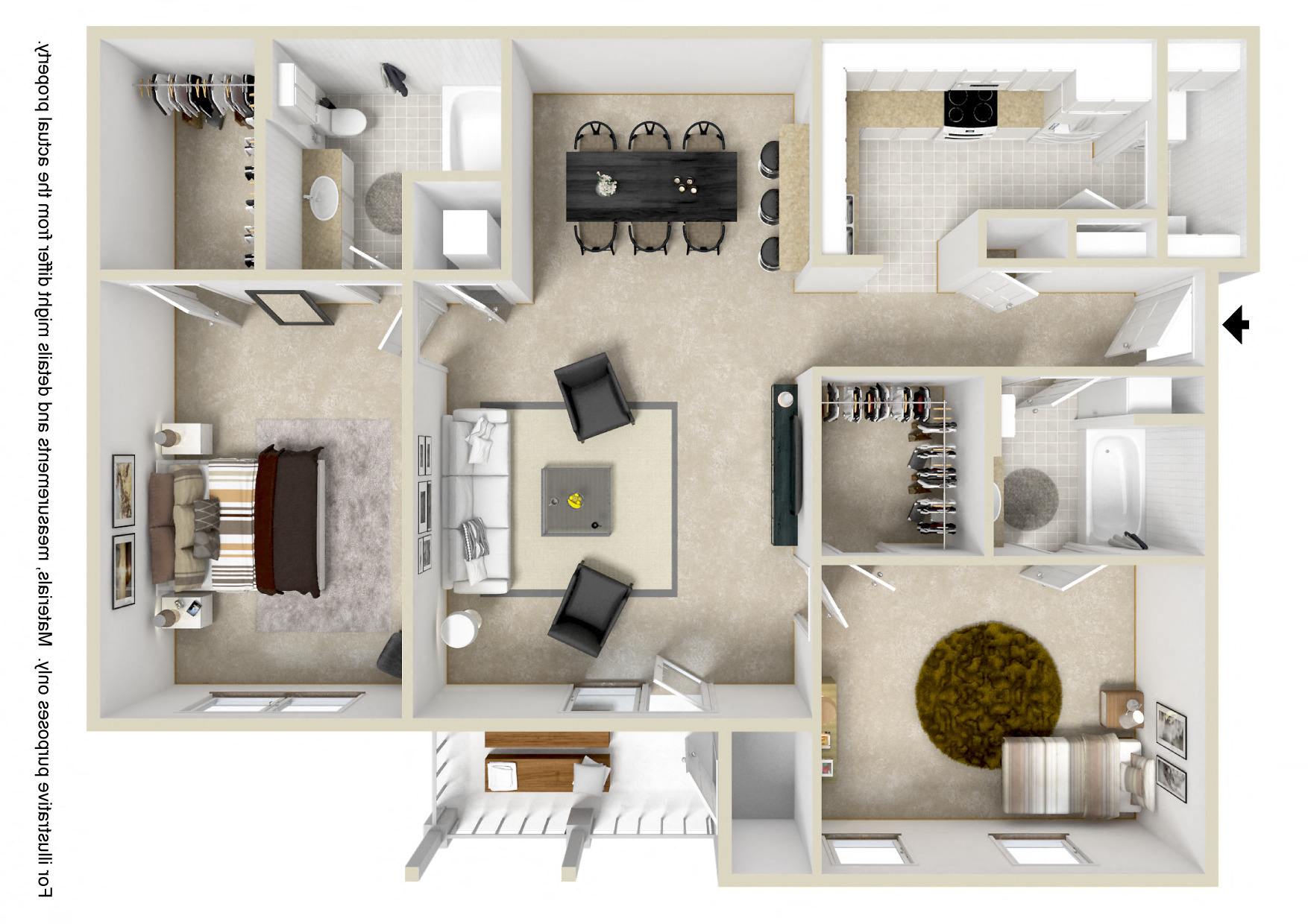 Floor plan for 2 beds, 2 baths, 1169 sqft
